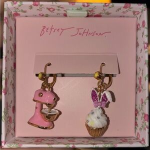 BETSEY JOHNSON Easter Mismatch Pink Mixer & Bunny Ears Cupcake Earrings NEW NWT